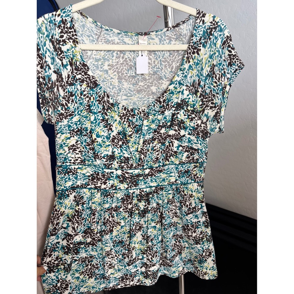 y2k Floral Babydoll Empire Waist Top Teal Boho Short Sleeve Blouse Merona Medium